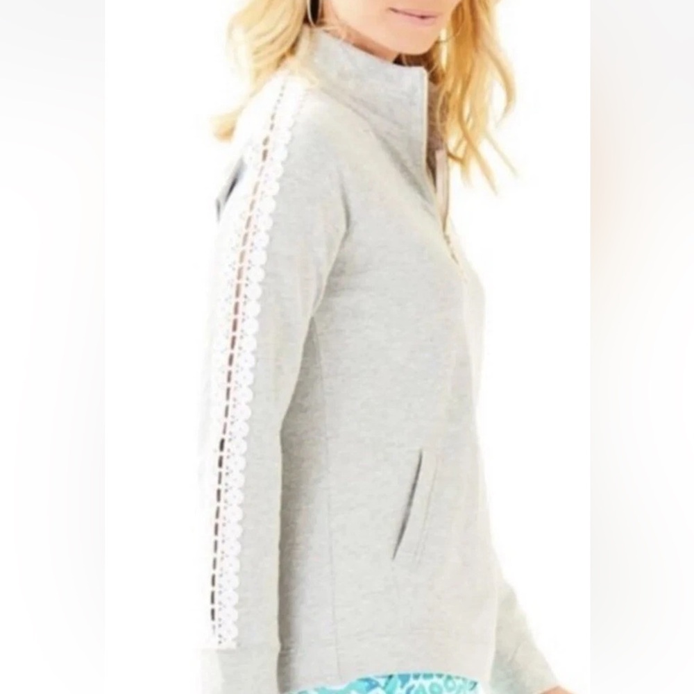 Lilly Pulitzer sweatshirt large L gray white lace popover half zip preppy